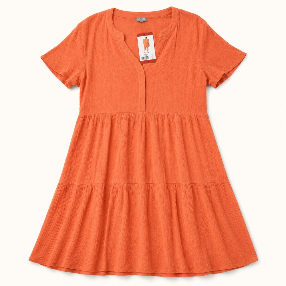 Hurley Women Orange Tiered Mini Dress Short Sleeve Split Neck Size M NEW